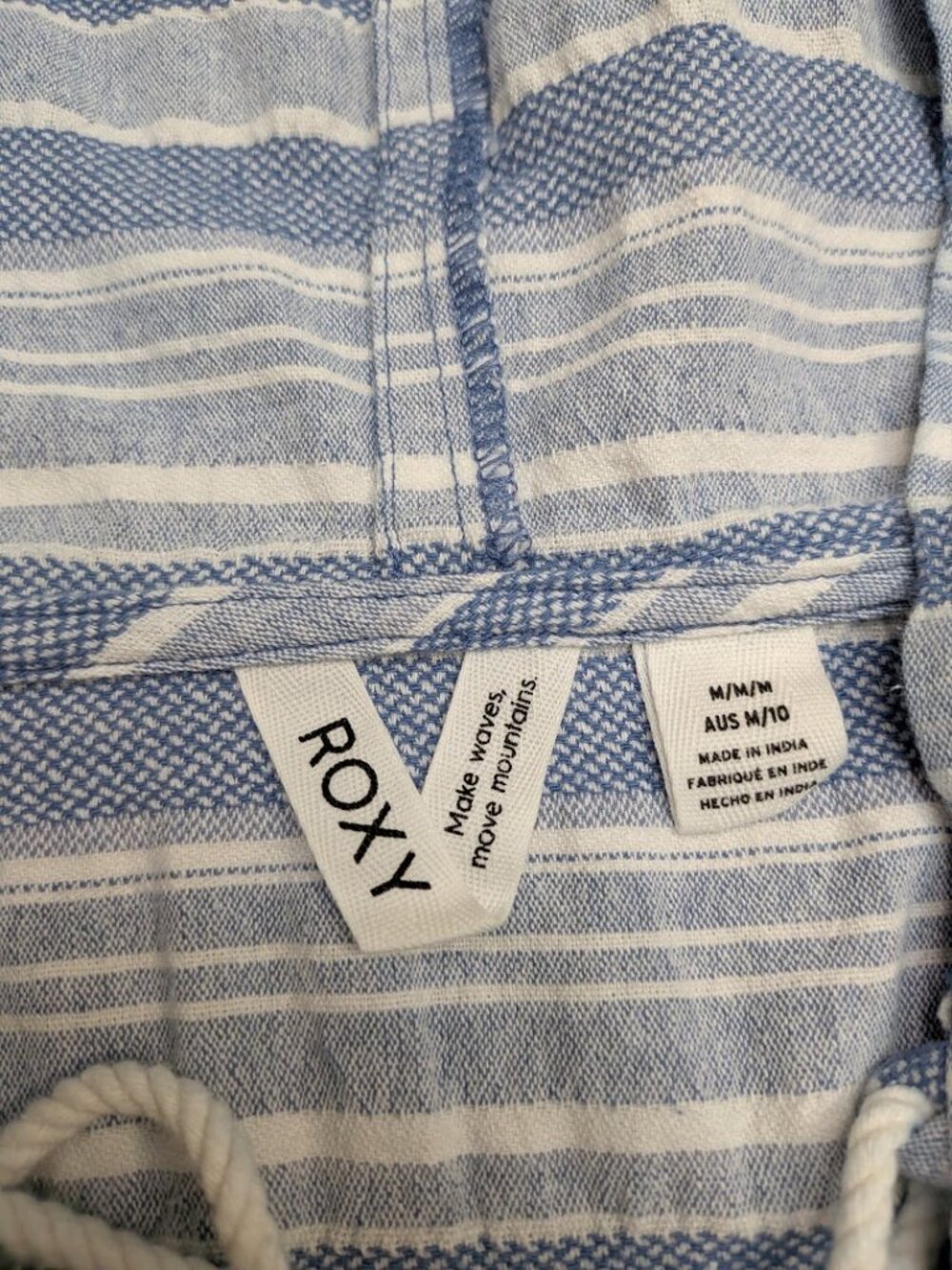 Roxy Blue White Striped Hooded Baja Pullover Hoodie Women's Medium 100% Cotton - Picture 10 of 12